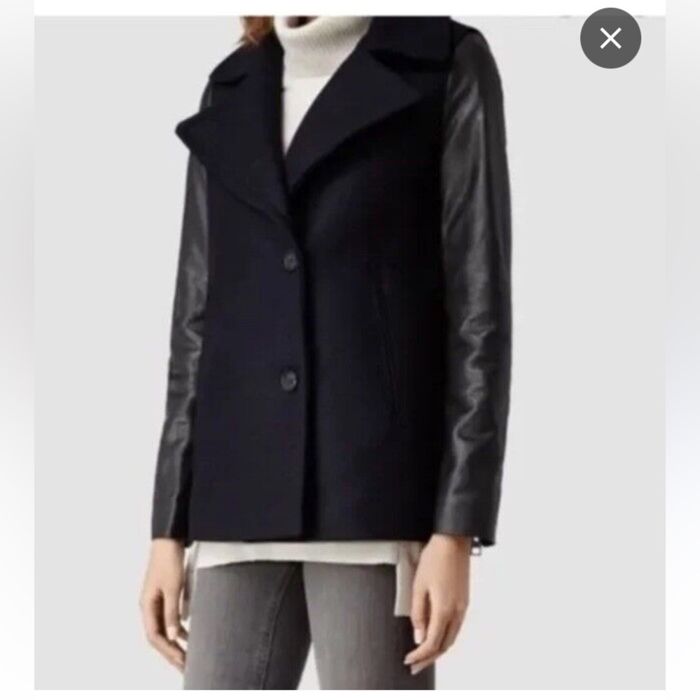 AllSaints Black Italian Wool & leather Pea Coat, Size 0